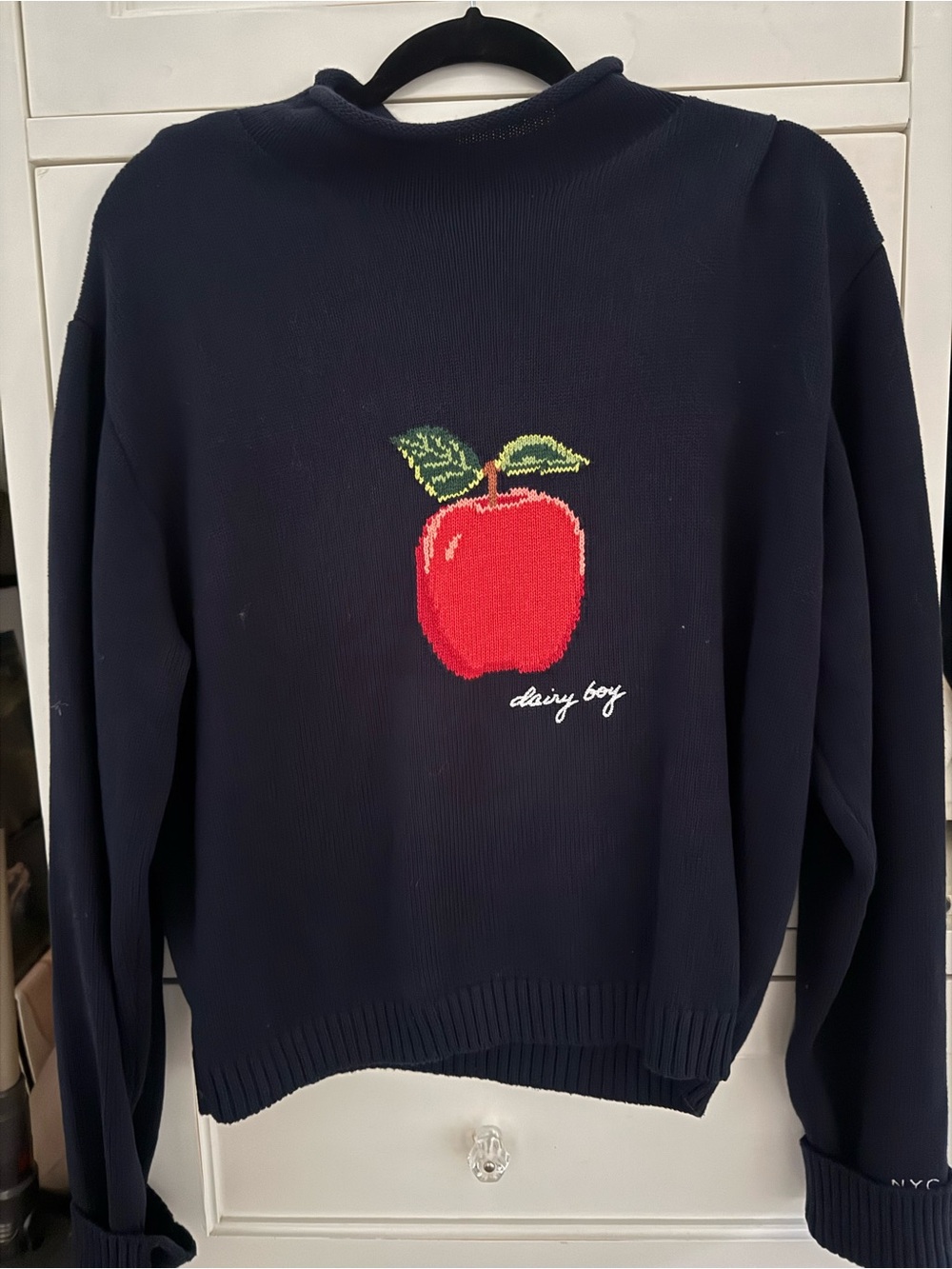 Daisy Boy Navy Crewneck Sweater with Red Apple Motif
